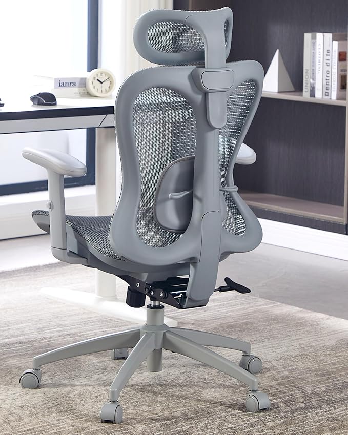 Ergonomic Office Desk Chair, Comfortable Computer Gaming Chair, Breathable Mesh Back & Seat, Adjustable Armrest & Headrest, Lumbar Support, Butterfly Design for Home Office (Gray)