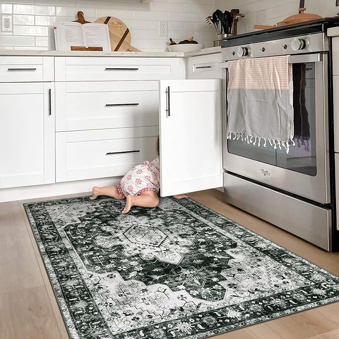 Moynesa Ultra-Thin Washable Vintage Area Rug - 3x5 Boho Entryway Rug Oriental Medallion Living Room Mat Non-Slip Non-Shedding Stain Resistant Indoor Accent Carpet for Kitchen Bedroom, Black/White