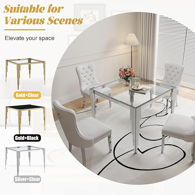 3 Piece Glass Dining Table Set, 35" Square Glass Kitchen Table with 2 White Velvet Upholstered Chairs, Silver Dining Table for 2 with Chairs Set for Kitchen, Living Room
