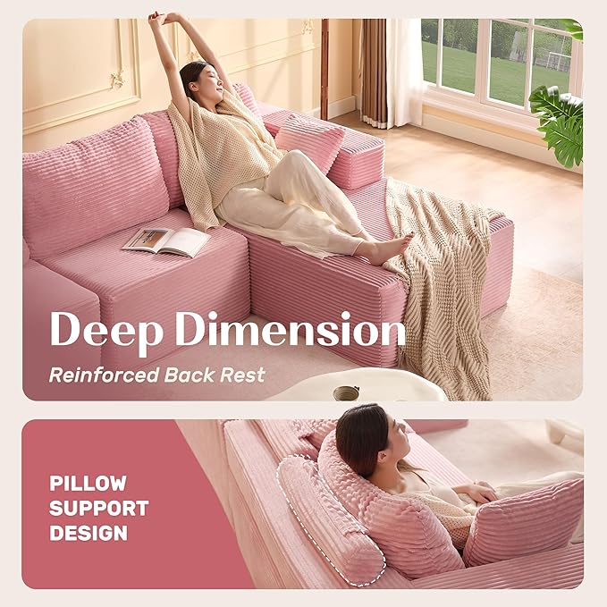 107" Boneless Couch with Deep Seat, Modular Sectional Sofa, Cloud Sectional Couch for Living Room, No Assembly Required, Corduroy, L-Shape Right Pink