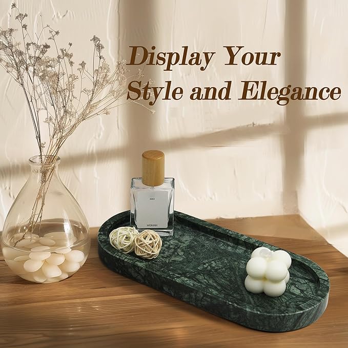100% Natural Marble Vanity Tray for Bathroom, Luxury Indian Green Decorative Marble Oval Trays for Bathroom Countertop Storage Organizer, Vanity Dresser Kitchen Home Decor, 10.2" x 4.3", Green