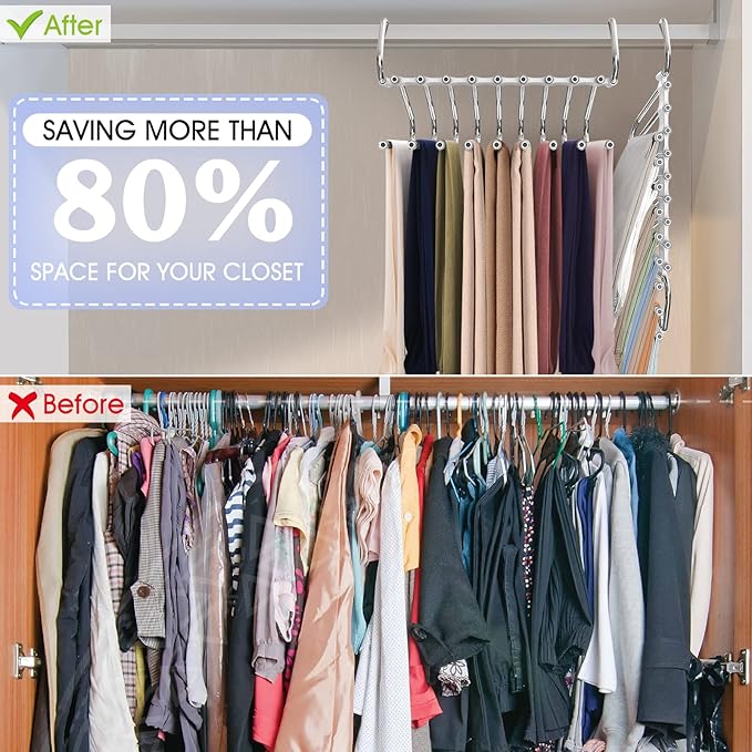 Upgrade 9 Layers Pants Hangers Space Saving, 2 Pack Multifunctional Pants Rack Non Slip Stainless Steel Clothes Space Saver Hangers Closet Organizers Storage for Pants Jeans Leggings, Creamy White