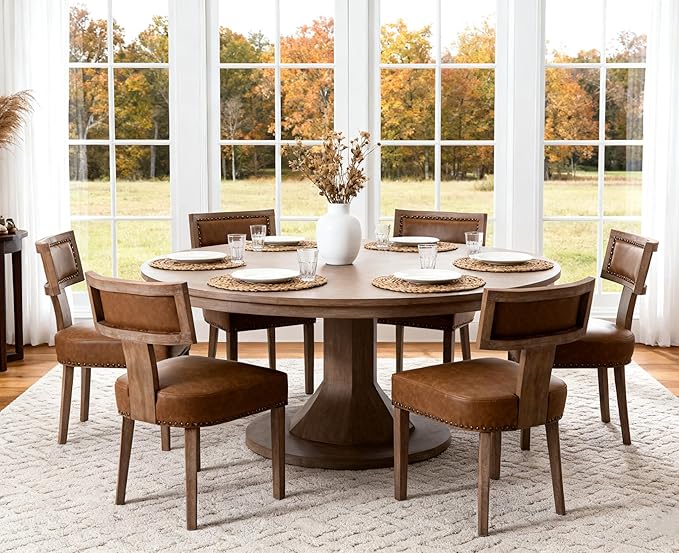 Mid Century Modern Dining Chairs Set of 6, Farmhouse Dining Chairs with Nailhead Trim, Faux Leather Upholstered Dining Room Chairs Kitchen Chairs with Wood Legs, Brown