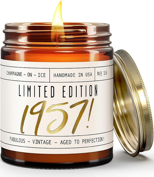 67th Birthday Gifts for Women - 'Limited Edition 1957' Soy Candle, w/Champagne on Ice I 67 Birthday Gifts for Women I 67th Birthday Gift for Her Ideas I 9oz Reusable Jar, 50Hr Burn, Made in USA