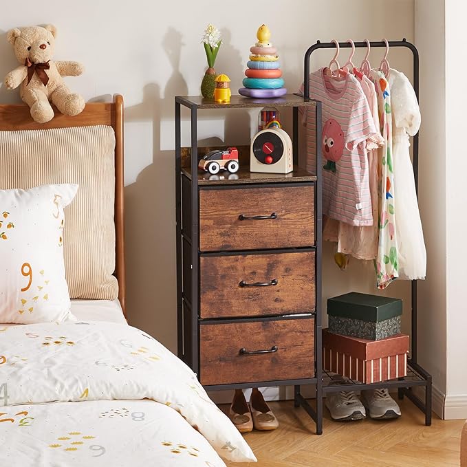 44 '' Tall Garment Rack with 3 Fabric Drawers, 4-Tier Clothing Rack, Coat Hanger with Shoe Shelf & Shelves for Small Spaces, Rustic Brown YD-TM081H