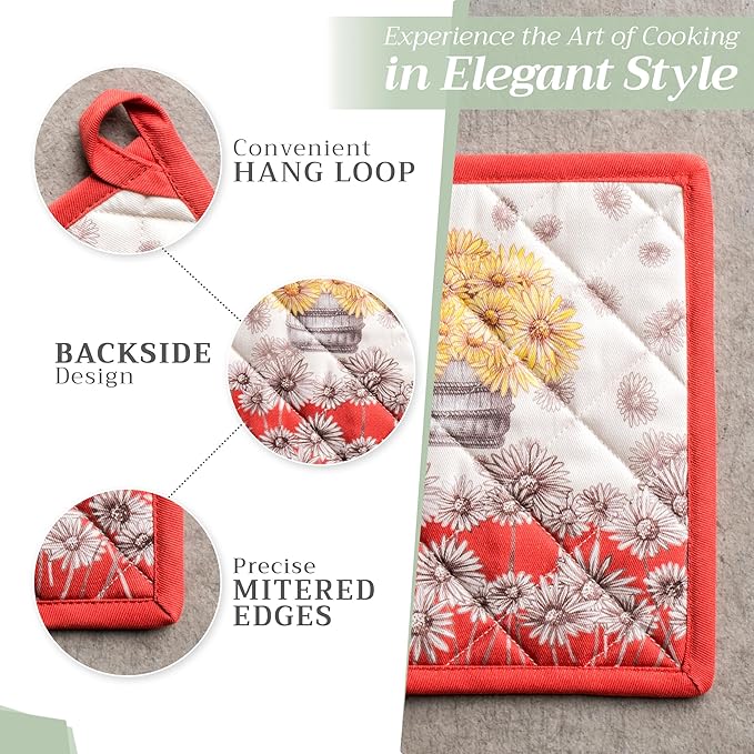 Maison d' Hermine Pot Holders 100% Cotton Heat Resistant Potholders 8" x 8" Hot Pads with Loop for Thanksgiving Christmas Decorations BBQ Cooking Baking Handling Hot Pans (Pack of 1, Bagatelle)