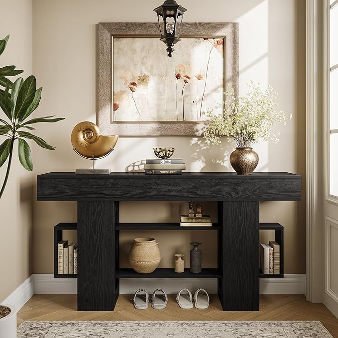 63 Inch Long Console Table for Entryway, Modern Wooden Sofa Table Behind Couch with 3-Tier Storage Shelf, Narrow Entry Accent Table for Living Room, Hallway, Foyer, Black
