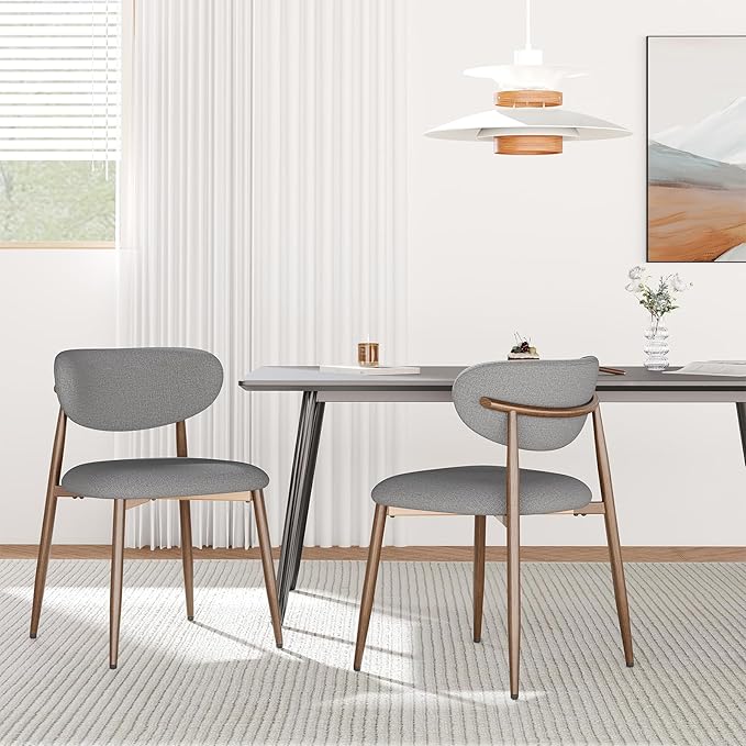 Dining Chairs Set of 2, Upholstered Dining Room Chairs with Metal Legs and Anti Slip Pads, Curved Back Kitchen Chair for Home and Restaurant Use, Light Grey