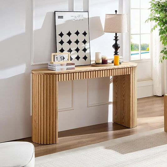 Modern Console Table for Entryway Contemporary Console Entry Tables with Drawer Fluted Sofa Tables Oval Long Foyer Table with Storage for Entry Way Hallway Entrance 59.05'' Wood Oak