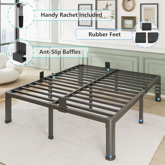 18 Inch California King Bed Frame with Rounded Corner and Headboard Hole Mattress Retainers 3500 lbs Heavy Duty Support Metal Platform Bed Frame Noise Free No Box Spring Needed Easy Assembly