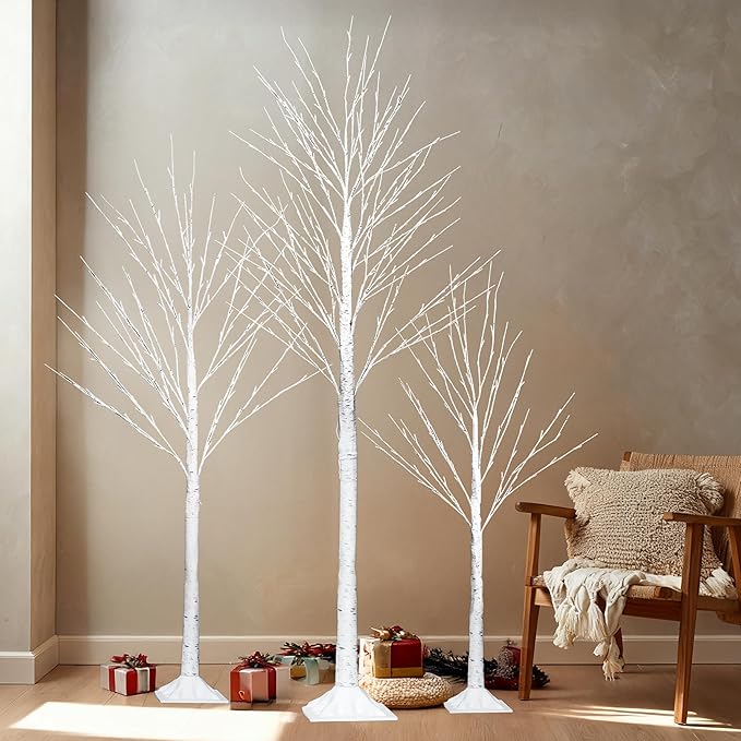 TW SHINE Set of 3 Lighted Birch Tree, 4FT 6FT 8FT White Artificial Christmas Tree with Total 456 LED Light, Prelit Waterproof Christmas Decoration for Indoor Outdoor Thanksgiving Wedding Holiday