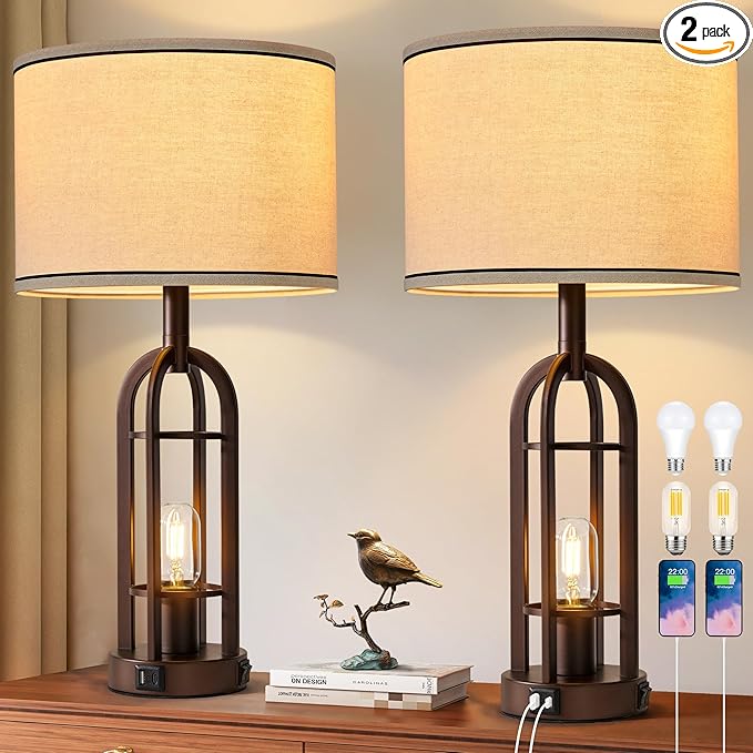 Farmhouse Table Lamps for Living Room Bedroom Set of 2 - Rustic Industrial Bedside Lamps for Night Stands with USB A+C, 24" Vintage Nightstand Lamp with Night Light, Bulbs Included
