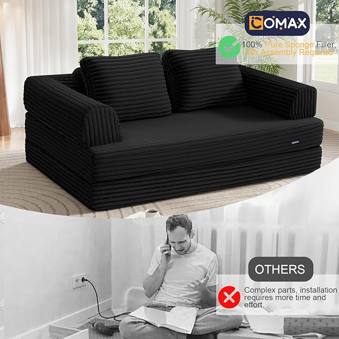 COMAX Convertible Sofa Bed, Folding Floor Couch Corduroy Fold Out Couch Bed Futon Sleeper Mattress with Pillows, Boneless Sofa Comfy Lounge Loveseat for Living Room Bedroom, Plush Black
