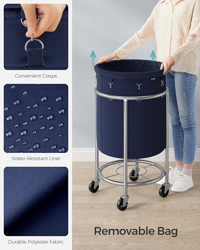 SONGMICS 29-Gallon (110 L) Laundry Basket with Wheels, Rolling Round Heavy-Duty Laundry Hamper Cart with Steel Frame and Removable Bag, 2 Locking Wheels, Charcoal Blue and Metallic Silver URLS002Q01