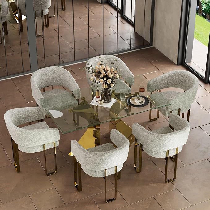 63in Gold Dining Table, Rectangular Glass Dining Table for 4-6 with Waved Legs in Polished Gold Chrome Finish, for Luxury Kitchen, Dining Room, Living Room,Apartment