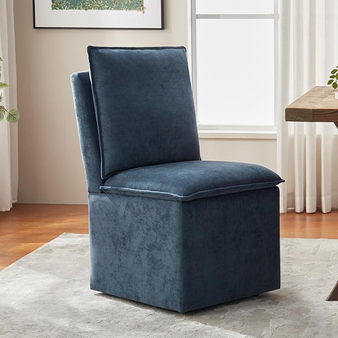 VKNOW Upholstered Dining Chairs Set of 2, Modern Rolling Chairs with Storage and Wheels, Linen Armless Chair with Cushion and Backrest, Dining Room Chairs for Living Room Kitchen Bedroom, Nav