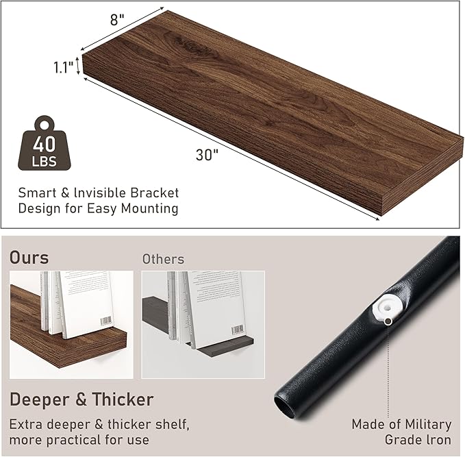 Fun Memories Floating Shelves - 2 Pack 30 Inch Long Rustic Wooden Wall Shelves - 8 Inch Deep Wall Mounted Storage Shelf with Invisible Heavy-Duty Brackets for Books, Bathroom, Kitchen - Walnut