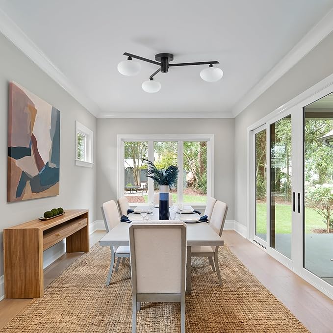 Semi Flush Mount Ceiling Light Fixture, Mid Century Modern 3-Light 22.5" Lighting Fixtures Ceiling, Matte Black Ceiling Lights for Bedroom, Entryway, Hallway, Bathroom, Kitchen, Dining Room