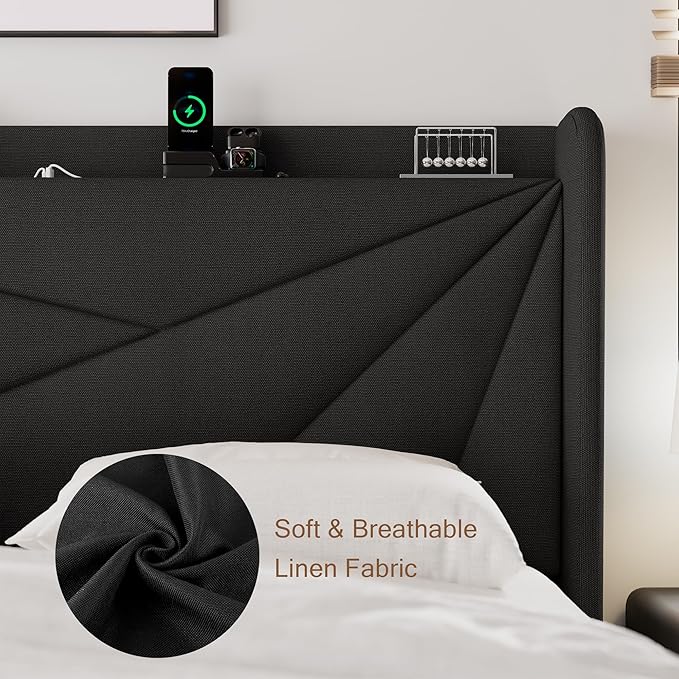 Queen Size Upholstered Bed Frame with Charging Station, Platform Bed Frame with Storage Headboard, Solid Wood Slats Support, No Box Spring Needed, Black