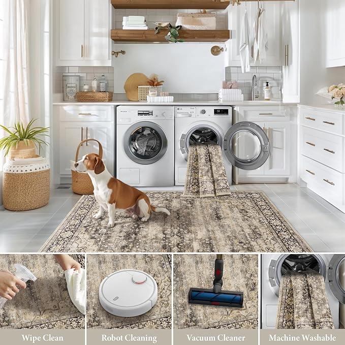 4x6 Area Rugs for Living Room Machine Washable Vintage Floral Boho Rugs Non Slip Stain Resistant Low Pile Soft Faux Fur Carpet Rug for Bedroom Patio Dining Room Home Office Kids Room,Hazel Brown