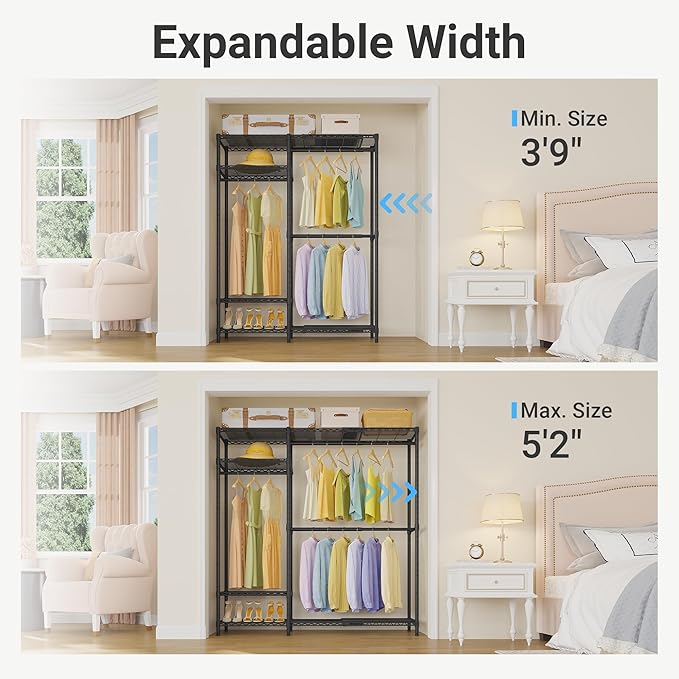 VIPEK X20 Plus Expandable Reach-in Closet Rack Adjustable from 3'9" to 5'2" Clothing Rack with Extendable Shelves and Hanger Rods Portable Clothes Racks Open Walk-in Closet System, Black
