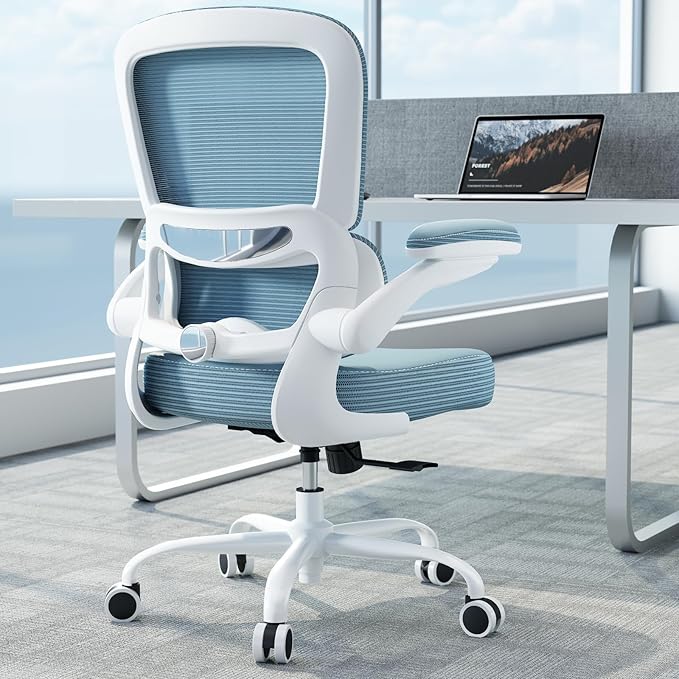 TRALT Ergonomic Office Chair - Desk Chair with Adjustable Lumbar Support Computer Chair - Mesh Comfy Chair with Flip-up Armrests - Gaming Chairs for Adults Home Office (PU Leather, Sky Blue)