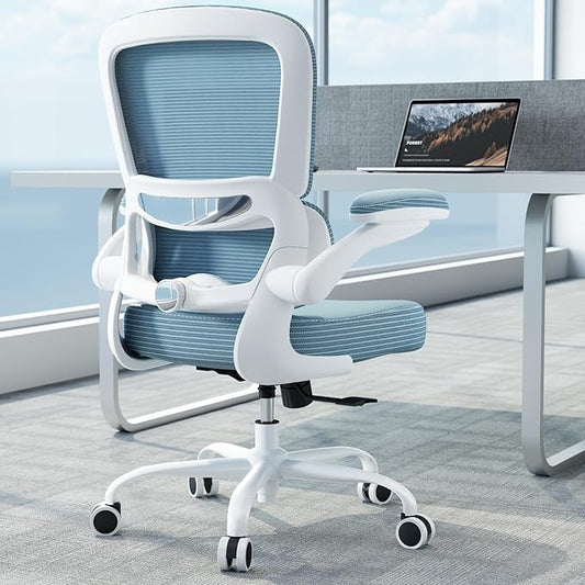 TRALT Ergonomic Office Chair - Desk Chair with Adjustable Lumbar Support Computer Chair - Mesh Comfy Chair with Flip-up Armrests - Gaming Chairs for Adults Home Office (PU Leather, Sky Blue)