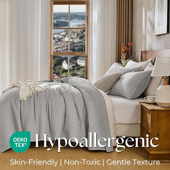 DOWN HOME Twin Quilt Bedding Set with Sham, Vintage Washed Soft Quilted Blanket Thin Comforter Lightweight Bedspread Coverlet Bed Cover, Brushed Microfiber Stripe Stitching, Light Gray, 66"x92"