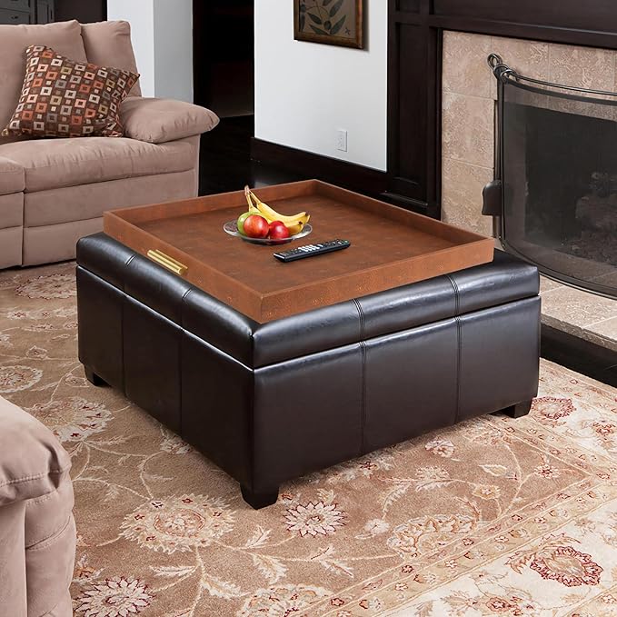 HofferRuffer Extra Large Square Serving Tray, Elegant Faux Leather Ottoman Tray with Gold Hardware Handles, Serve Tea, Coffee or Breakfast in Bed, 24 x 24 inches (Brown Shagreen)