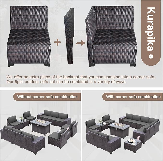 Kurapika 13 Pieces Patio Furniture Set, Rattan Wicker Outdoor Conversation Sets w/43in Propane Fire Pit Table(Grey)