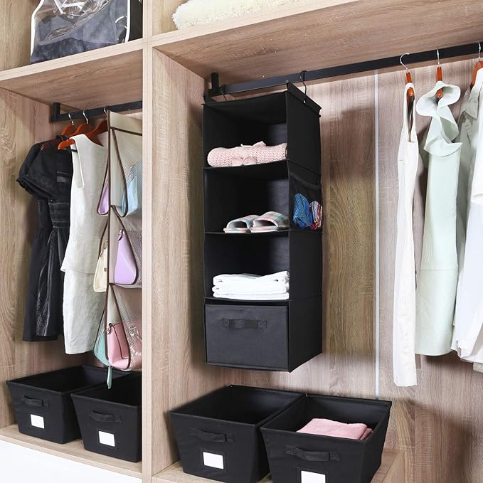 MAX Houser 4-Shelf Hanging Closet Organizer, Space Saver, Cloth Hanging Shelves with 2 Side Pockets, Foldable (Black)