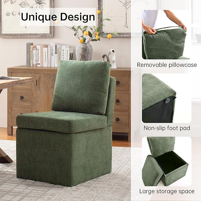 VKNOW Upholstered Dining Chairs, Modern Kitchen Chairs with Storage, Linen Armchair Dining Room Chairs for Kitchen Room (Green, Set of 2)