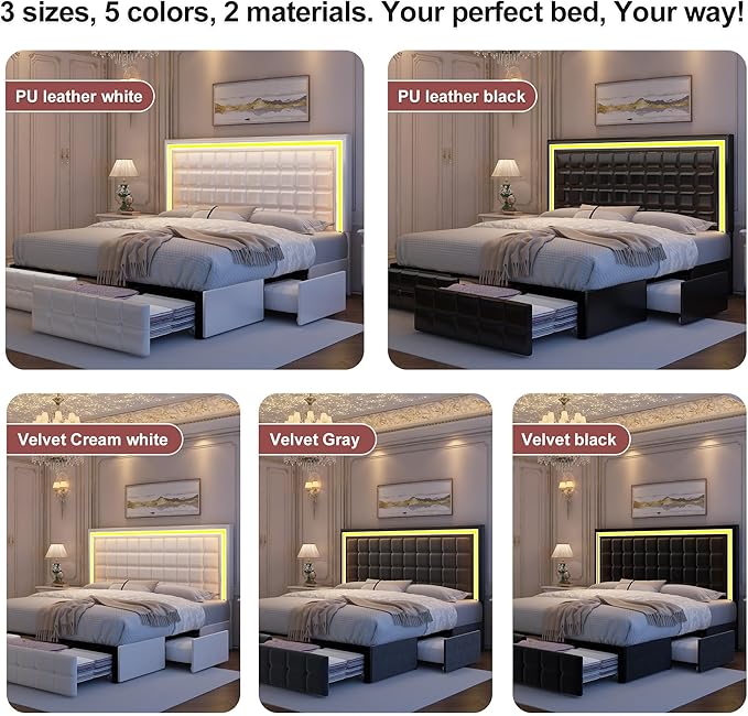 Queen Led Bed Frame with 4 Storage Drawers, Bed Frame with Led Lights No Box Spring Needed, 900 lbs Capacity, Easy Assembly, Sturdy Design, Velvet Grey