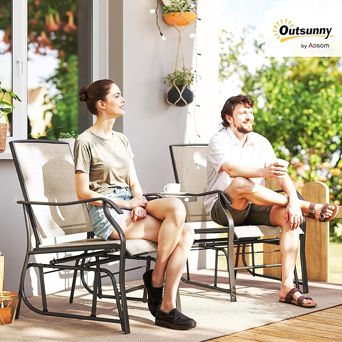 Outsunny Outdoor Glider Chairs with Coffee Table, Patio 2-Seat Rocking Chair Swing Loveseat with Breathable Sling for Backyard, Garden, and Porch, Light Brown