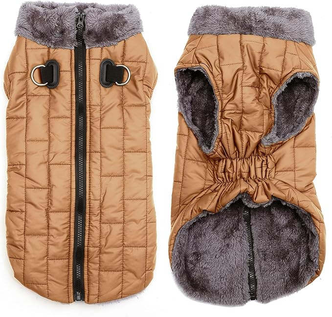 Warm Fleece Dog Coats with Durable Harness Buitl in D-Ring,Waterproof Doggie Jacket for Medium Dogs,Dog Vest for Cold Winter,Burnished Khaki L
