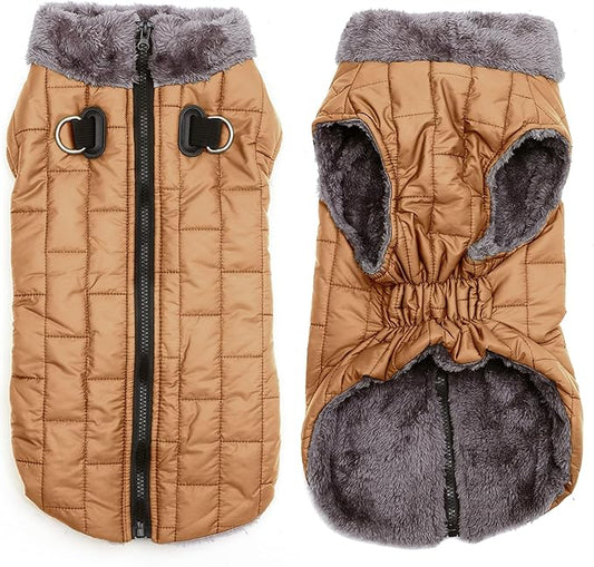 Warm Fleece Dog Coats with Durable Harness Buitl in D-Ring,Waterproof Puppy Jacket for Small Dogs,Dog Vest for Cold Winter,Burnished Khaki M