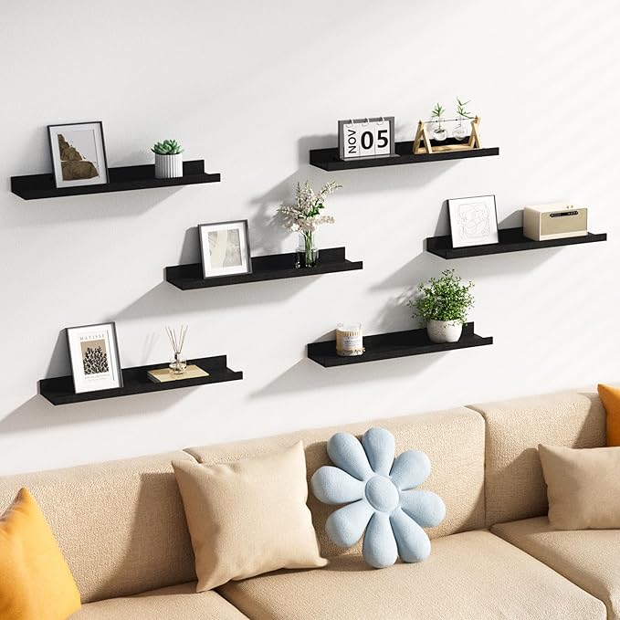 upsimples Floating Shelves for Wall, 23.6 Inch Shelves for Decor Storage Set of 6, Wall Mounted Wood Shelf for Bedroom, Living Room, Bathroom, Kitchen, Long Picture Ledge Shelves, Black