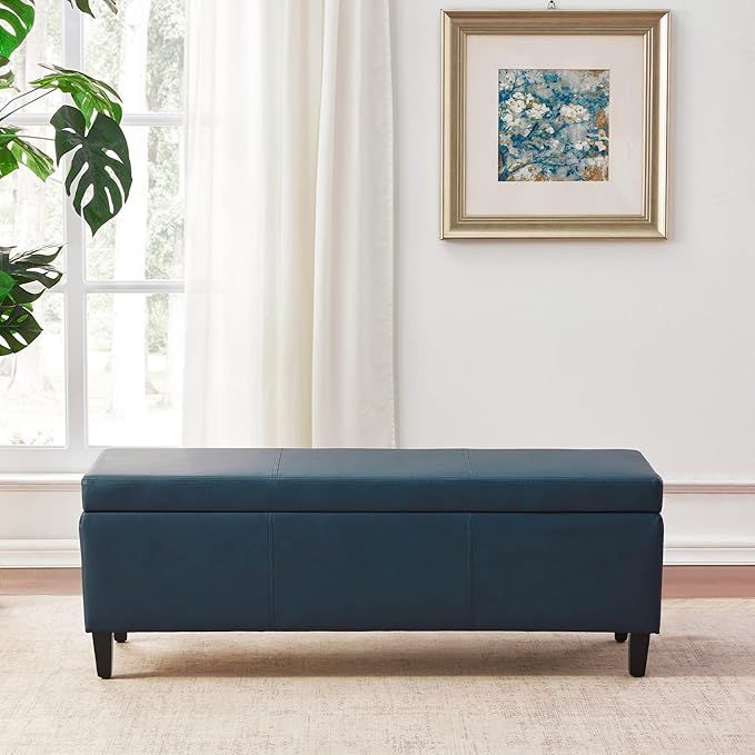 HUIMO Faux Leather Storage Ottoman Bench 50.3 Inch Extra Long PU Upholstered Bedroom Bench with Large Storage Space for The Living Room, Entryway, Bedroom Hold Up to 300lbs (Peacock Blue)