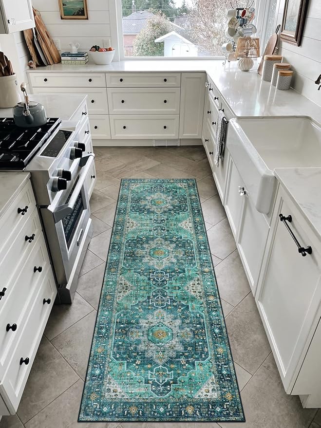 Moynesa Ultra-Thin Washable Vintage Runner Rug - 2'6"x8 Boho Hallway Kitchen Runner Oriental Medallion Bedside Mat Non-Slip Non-Shedding Indoor Throw Carpet for Laundry Entrance, Teal/Mutil