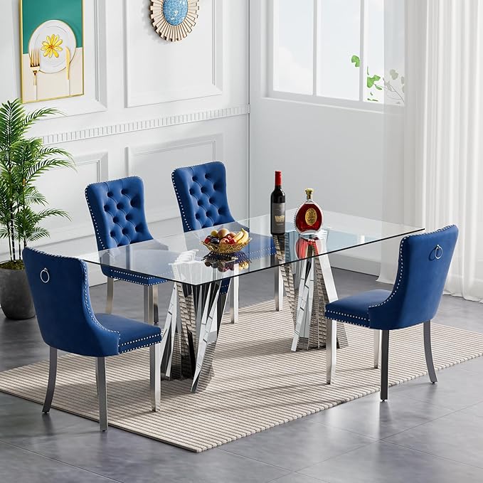 Goujxcy 70" Glass Dining Table Set for 4, Modern Silver Dining Table Set with 4 Blue Velvet Upholstered Dining Chairs, 5 Piece Kitchen Dining Room Table Set with Stainless Steel Legs