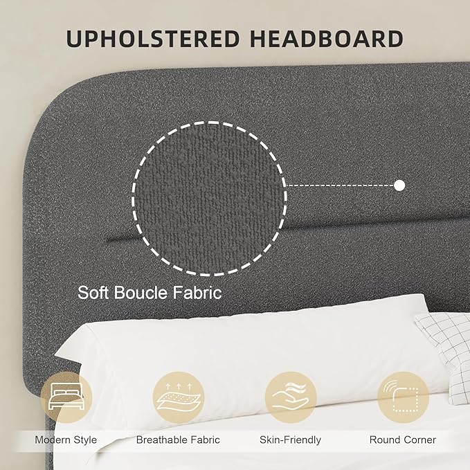HOMBCK Full Size Boucle Bed Frame, Soft Upholstered Bed Frame with Headboard, Thickened Footboard, Rounded Corners, No Box Spring Needed, Easy Assembly, Grey