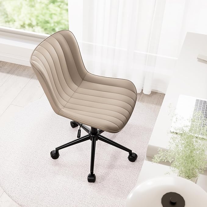 Kidol & Shellder Khaki Leather Home Office Desk Chair with Wheels Modern Cute Armless Executive Swivel Vanity Chair with Comfy Padded Back Ergonomic Rolling Adjustable Computer Task Chair Small