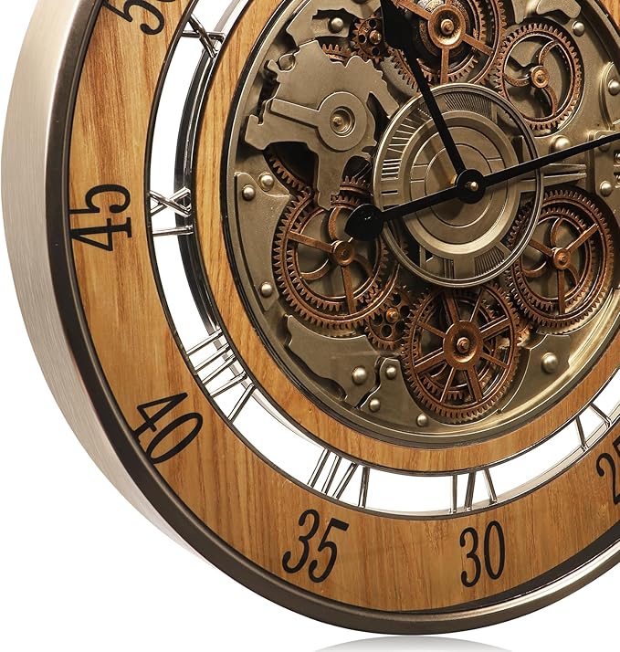 HOIBAI Wall Clock, 24 Inch Moving Gears Clock Large Wall Clock for Living Room Decor Rustic Vintage Industrial Steampunk Farmhouse Big Clock for Home Kitchen Bedroom Office