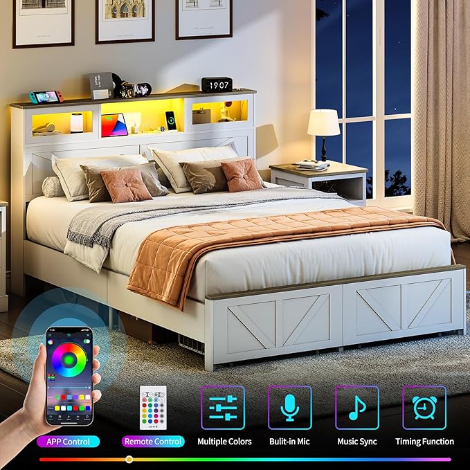 Yoobure Farmhouse Queen Bed Frame with Headboard - Bed Frame Queen Size with Charging Station & LED Lights, Wood Bedframe Queen-Size with 2 Storage Drawer, Platform Beds, No Box Spring Needed, White