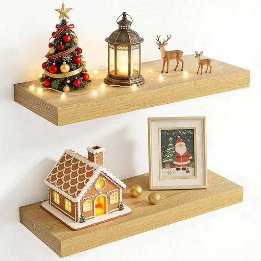 24 Inch Floating Shelves for Wall, 8 Inch Deep Floating Shelf for Storage & Display, Rustic Wall Mounted Shelf with Invisible Brackets for Living Room, Kitchen, Bathroom, Home Decor, Set of 2, Oak