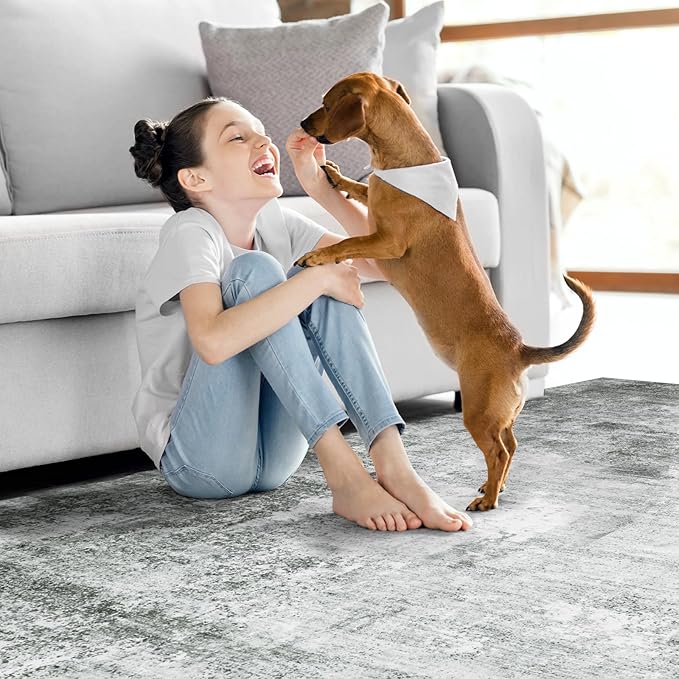 Abstract Washable Area Rug - 6x9 Large Living Room Rugs Soft Stain Resistant Non-Slip Low Pile Foldable Neutral Modern Carpet for Indoor Bedroom Dining Room Home Studio Office - Black/Grey