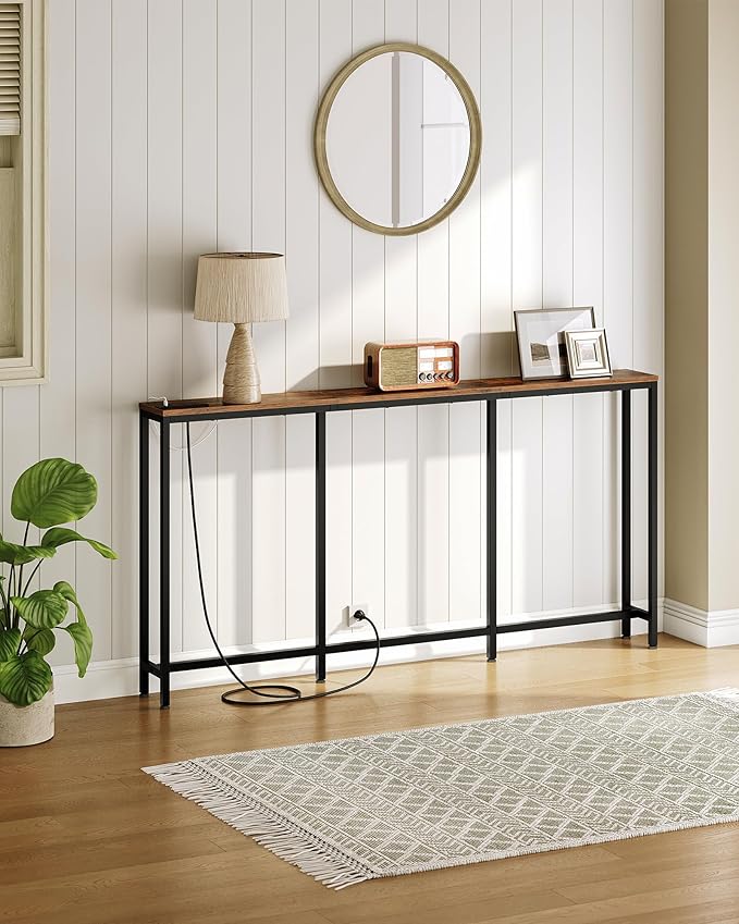 62.99" Narrow Console Table with Power Outlet 7.1" Skinny Sofa Long Behind Couch Table with Charging Station for Hallway, Living Room Rustic Brown and Black TXG16UBF