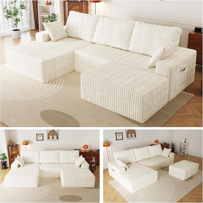 108" U Shaped Sectional Couch with Ottoman, Corduroy Modular Sectional Sofa with Deep Seat, Modern Modular L-Shape Sofa Couch with Chaise,Upholstered Boneless Couches for Living Room Bedroom