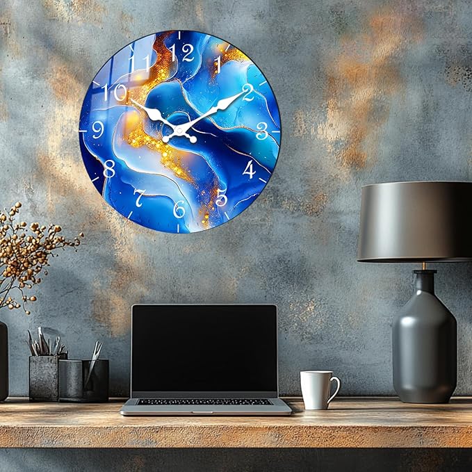 Large Wall Decor Modern Wooden Clock – Marble Texture Design Blue Wall-Clocks Battery Operated Silent Movement 16 Inch for Hallway