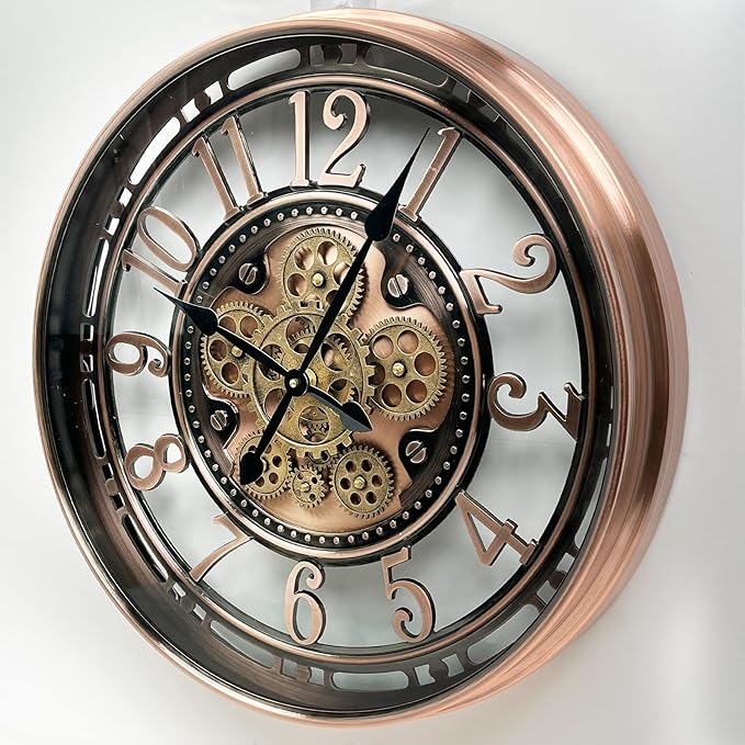 DORBOKER Real Moving Gears Wall Clock Large Modern Metal Clocks for Living Room Decor, Industrial Steampunk Unique Vintage Rustic Decorative Clock for Home Farmhouse Office, 21 Inch Red Copper Arabic